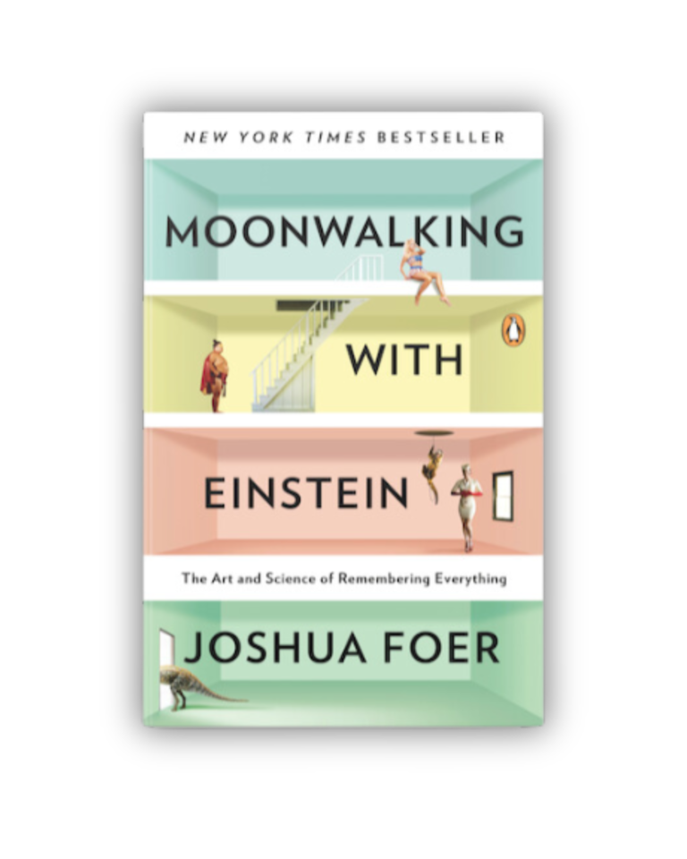Image of book titled, "Moonwalking with Einstein," with levels of a building in blue, yellow, orange, and green with wacky characters moving throughout each level.