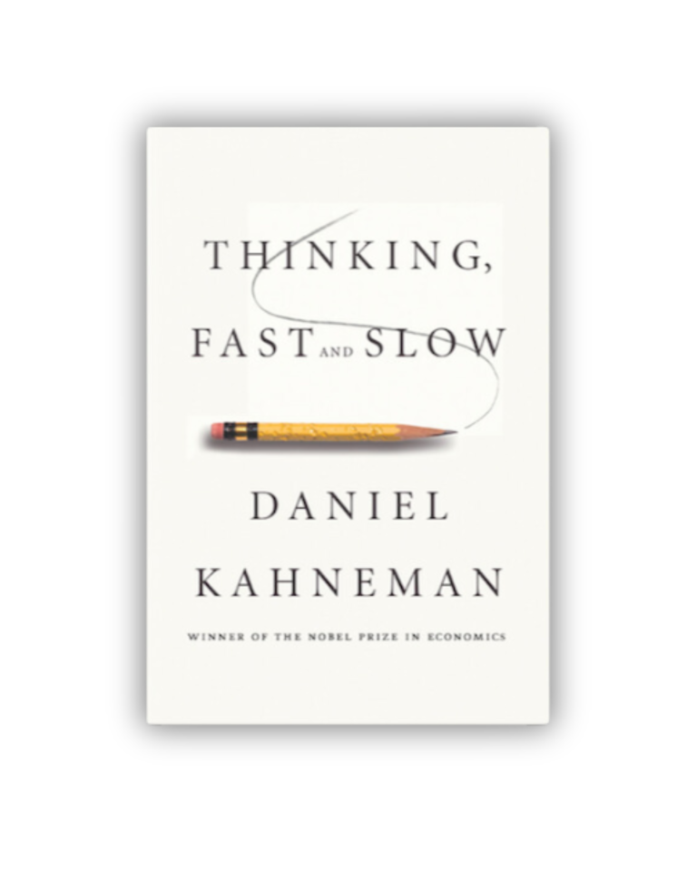 Image of book titled, "Think, Fast and Slow," a yellow pencil on a blank white surface.